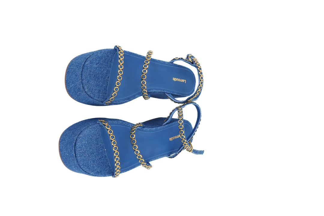 larroude blue and gold chain platform sandal (9; retail $375)