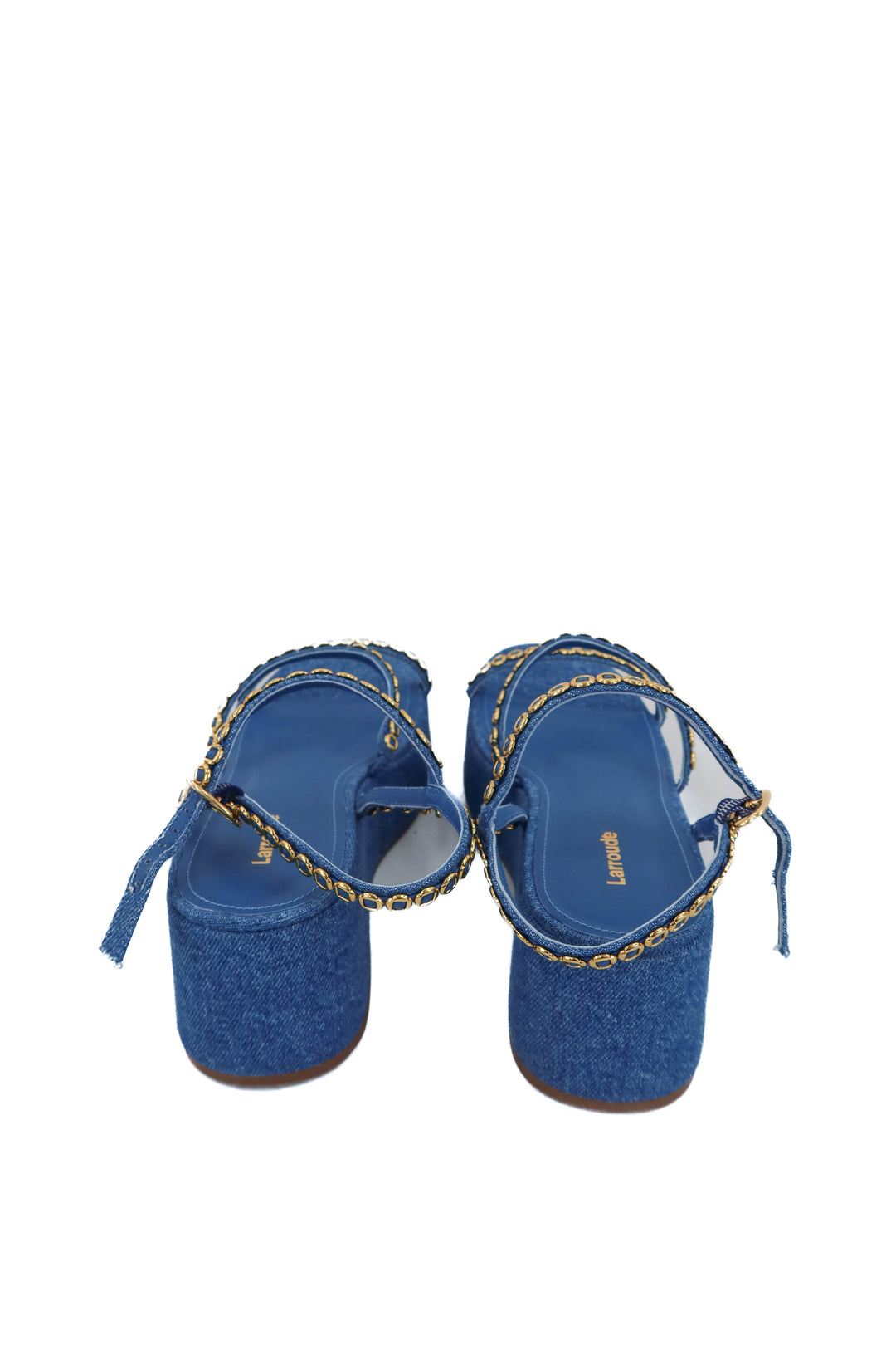larroude blue and gold chain platform sandal (9; retail $375)