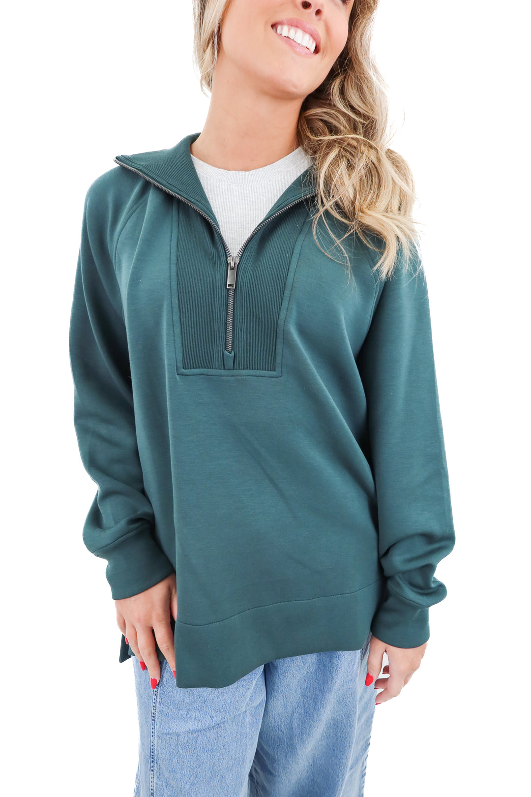 spanx green quarter zip sweatshirt (m; retail $128)