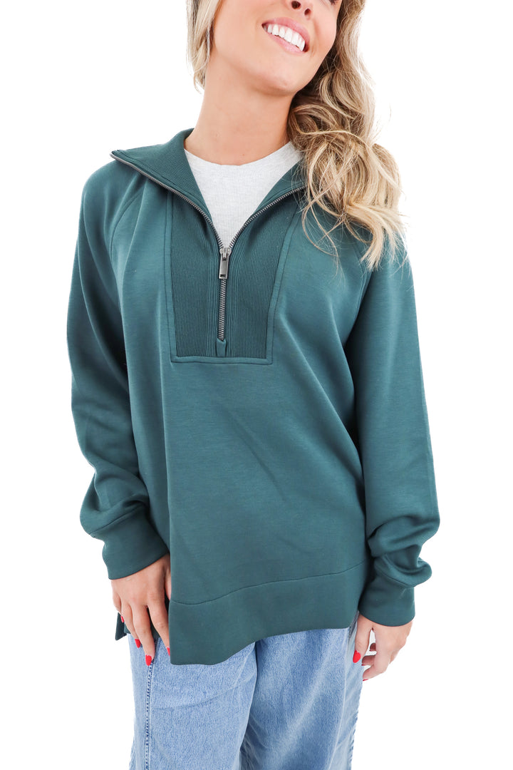 spanx green quarter zip sweatshirt (m; retail $128)
