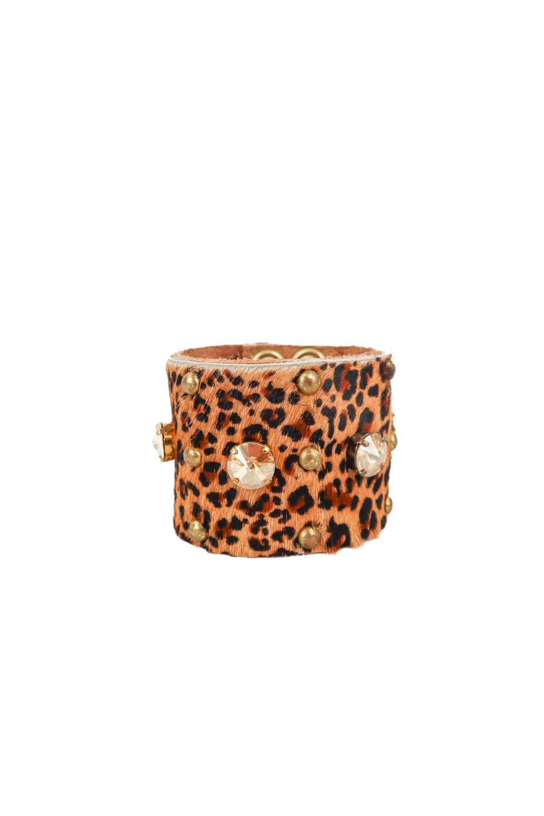 leopard print leather studded/crystal embellished cuff bracelet