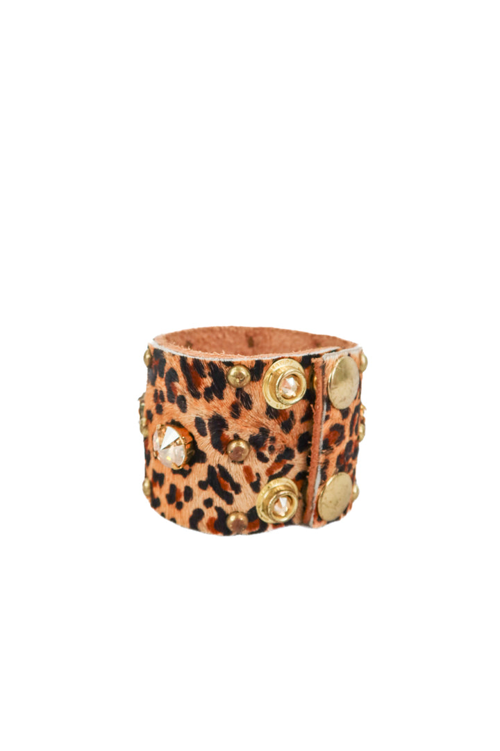 leopard print leather studded/crystal embellished cuff bracelet