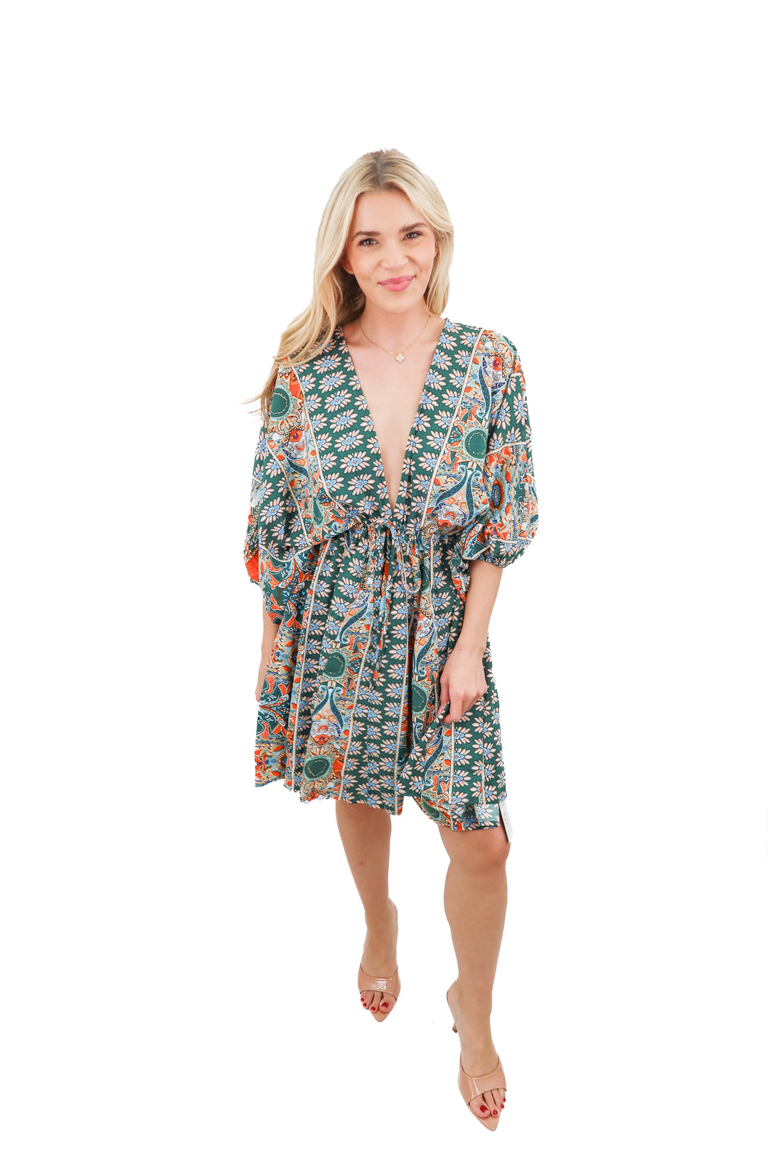 green printed long sleeve dress NWT (s)