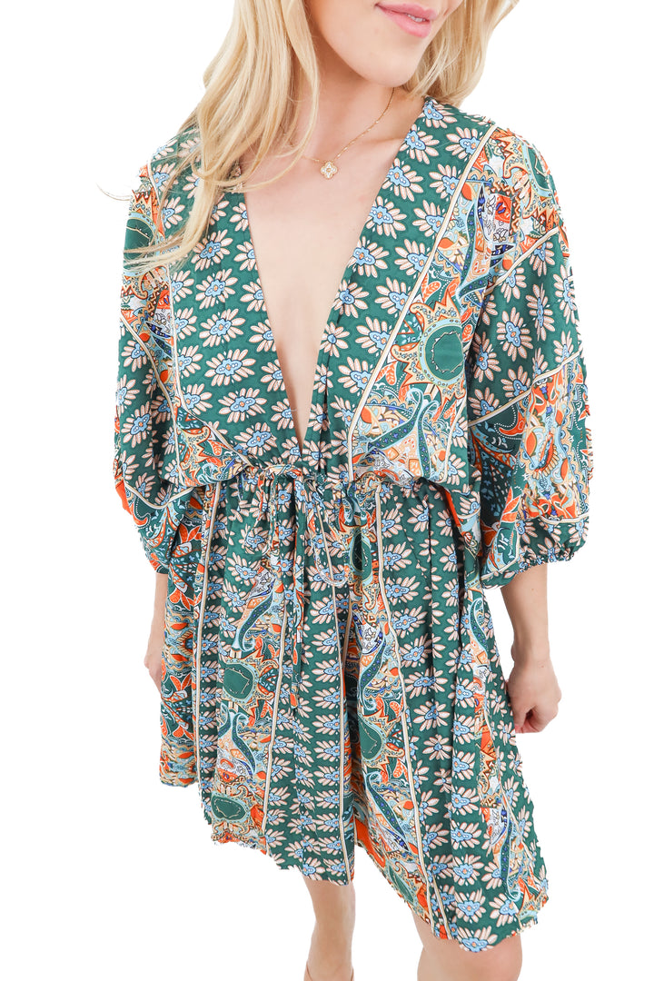 green printed long sleeve dress NWT (s)