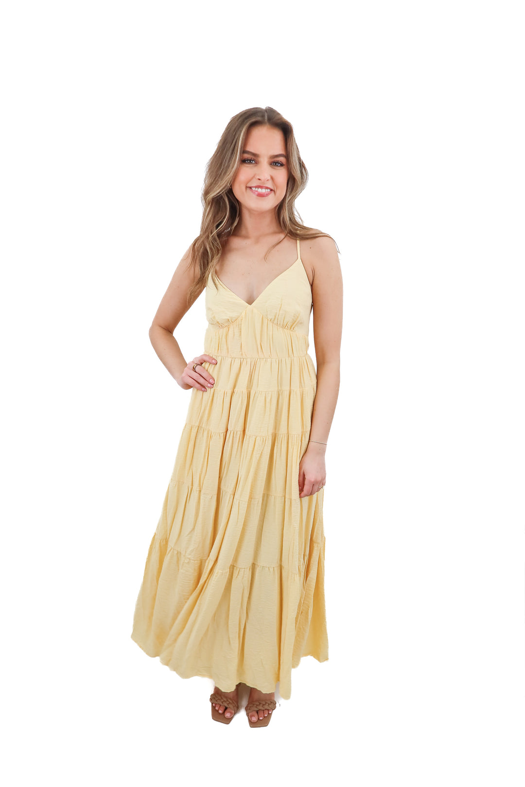 abercrombie & fitch yellow tiered maxi dress (xs; retail $120)