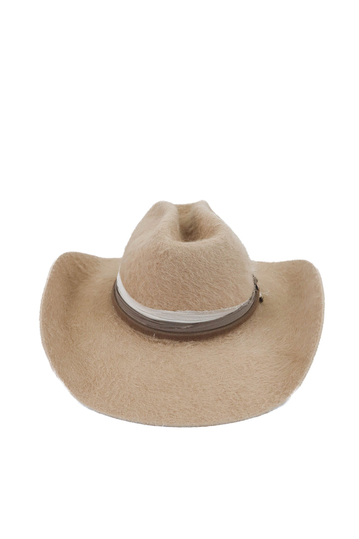 Rustler Hat Co. taupe feather hat "HP" initials (S; retail $250)