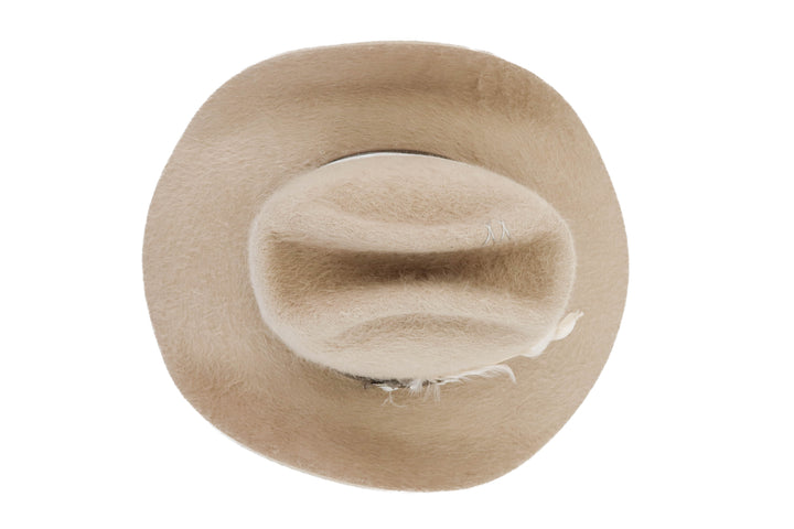 Rustler Hat Co. taupe feather hat "HP" initials (S; retail $250)