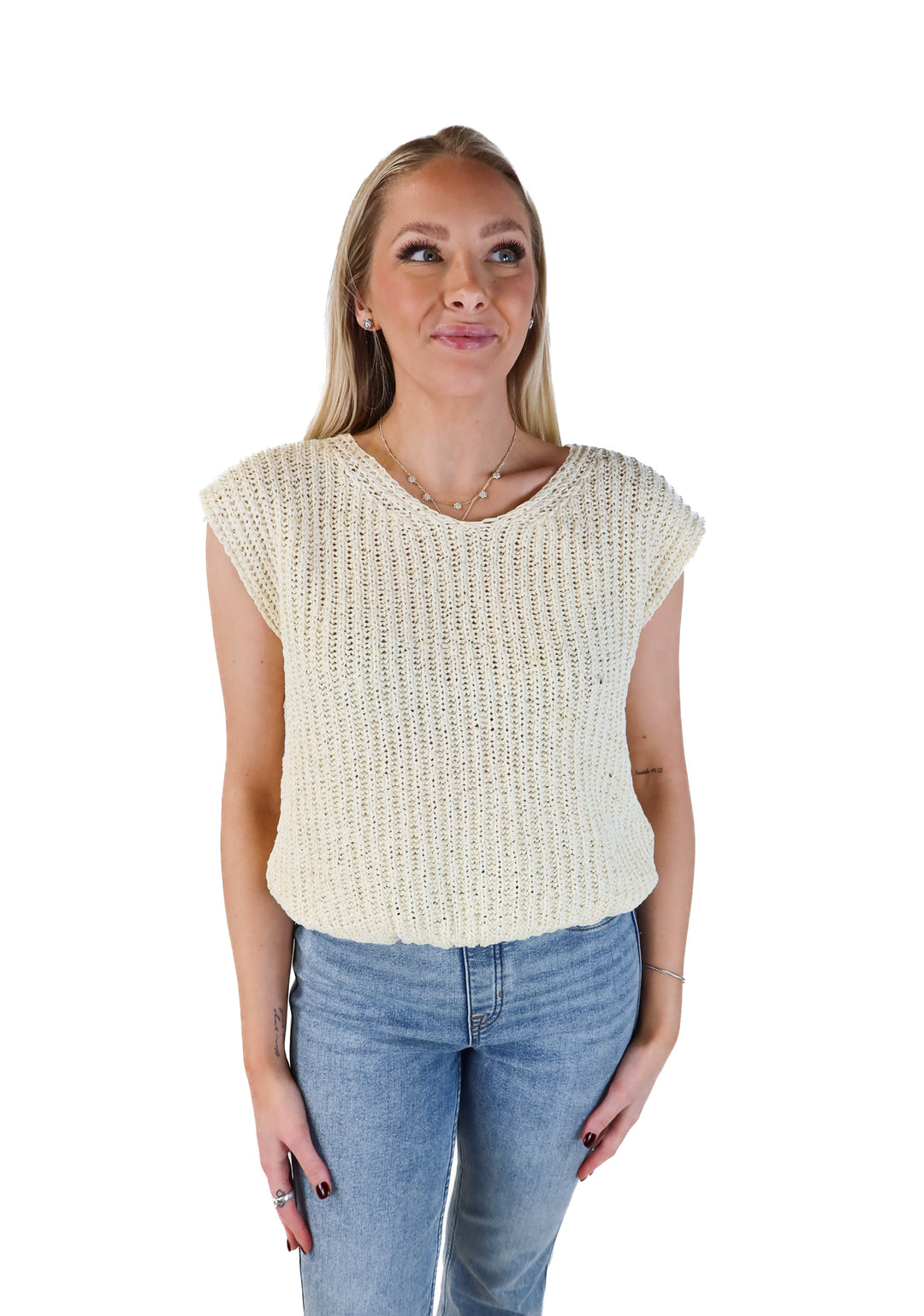 Bluivy cream knit cap sleeve top (s/m)