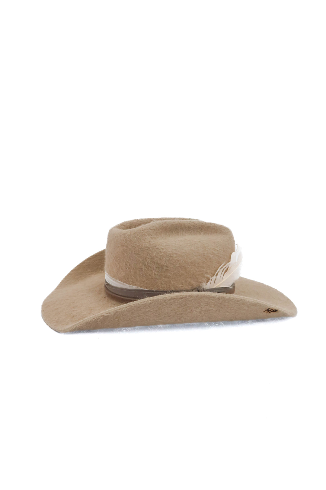 Rustler Hat Co. taupe feather hat "HP" initials (S; retail $250)