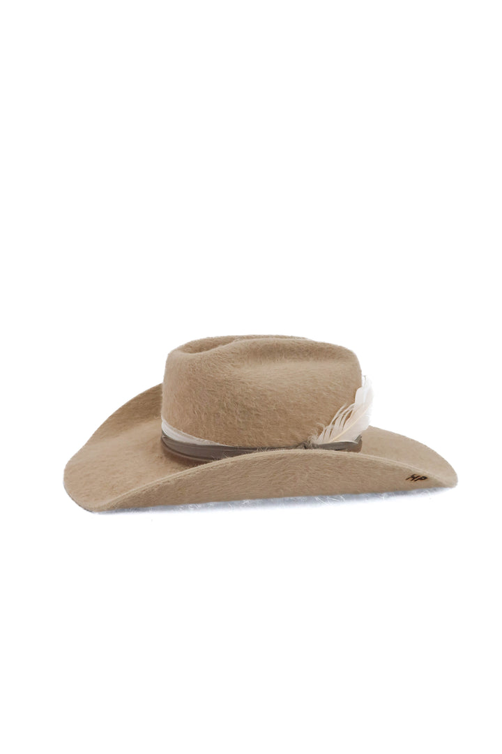 Rustler Hat Co. taupe feather hat "HP" initials (S; retail $250)