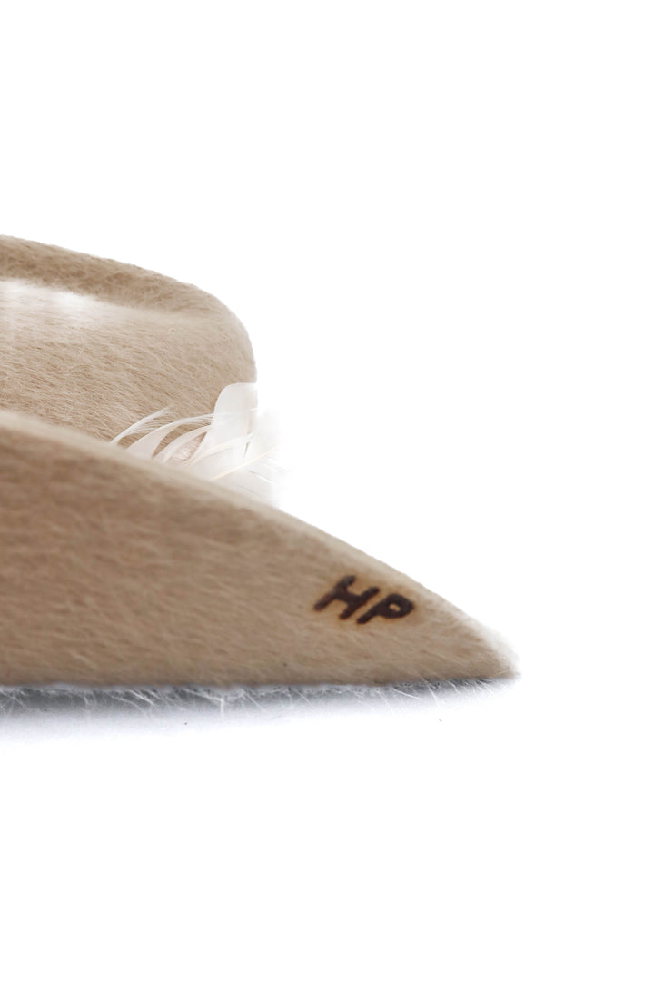 Rustler Hat Co. taupe feather hat "HP" initials (S; retail $250)