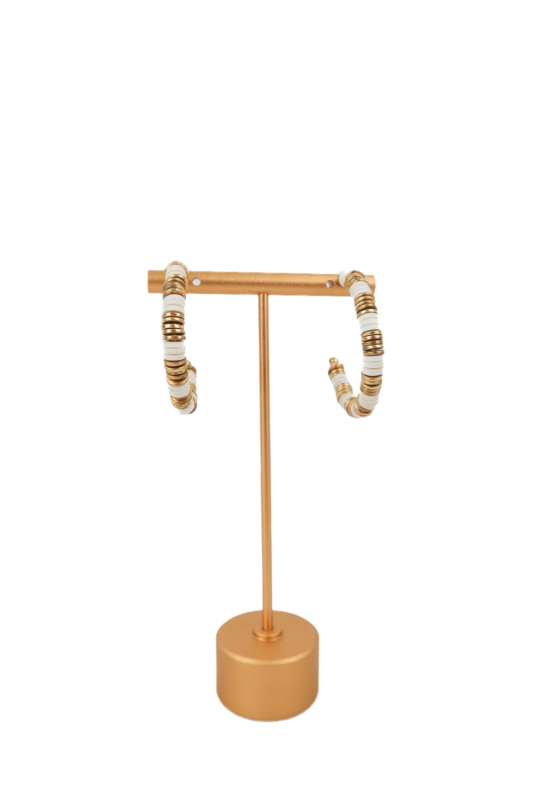 white and gold heishi bead hoop earrings