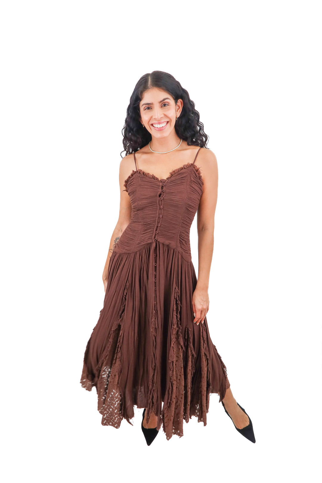 free people brown ruched lace maxi dress (2; retail $128)