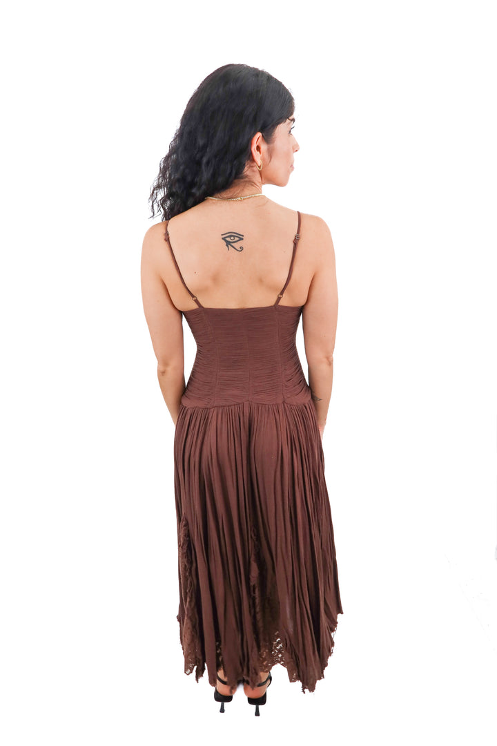 free people brown ruched lace maxi dress (2; retail $128)