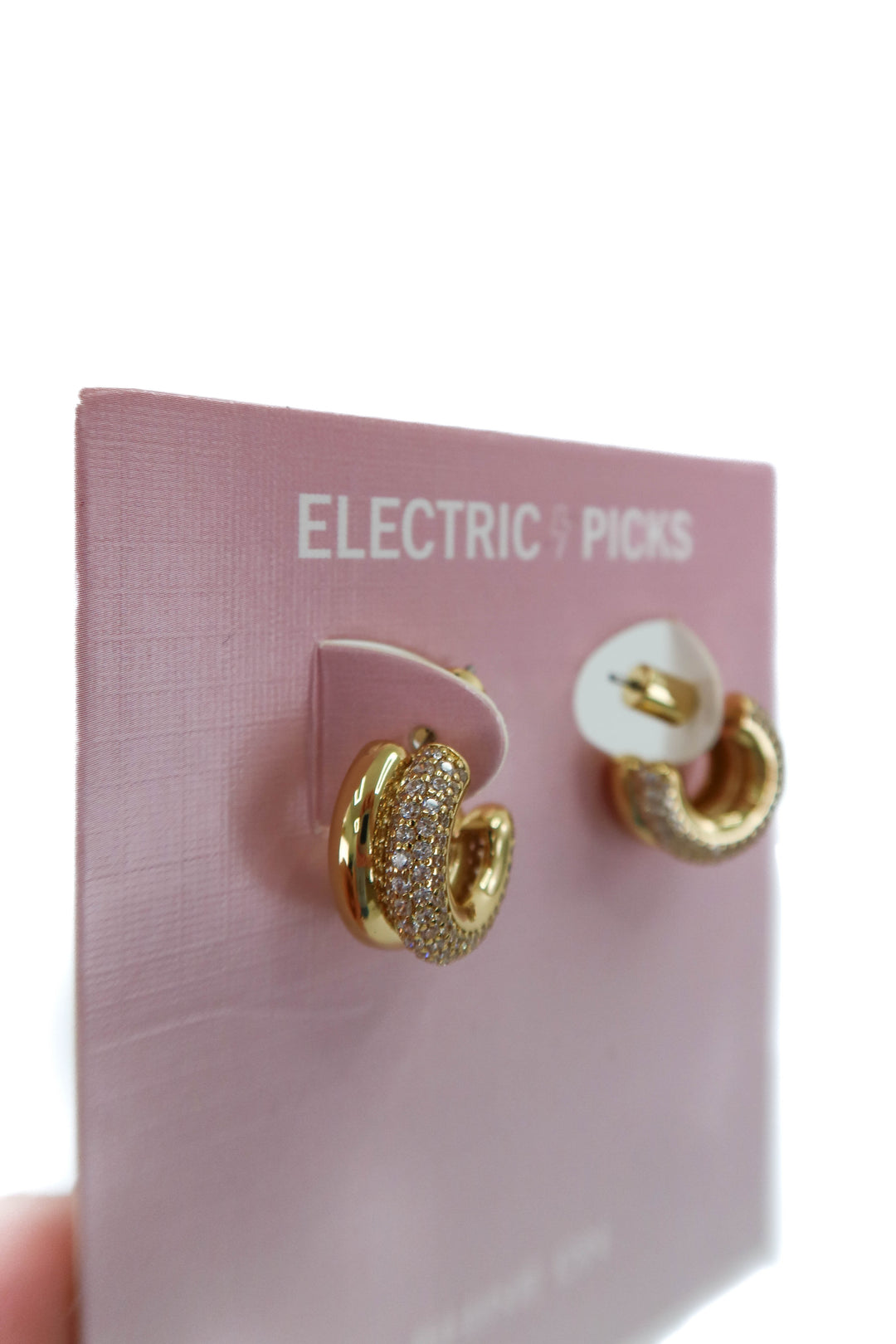 electric picks gold pave small hoops nwt (retail $68)