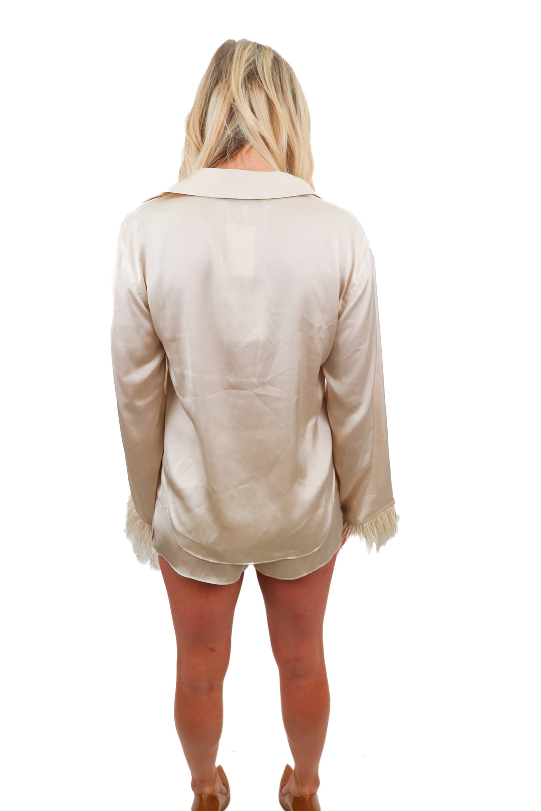 l'academie tan silky set with feather trim NWT (xs)