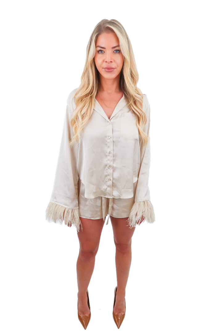 l'academie tan silky set with feather trim NWT (xs)