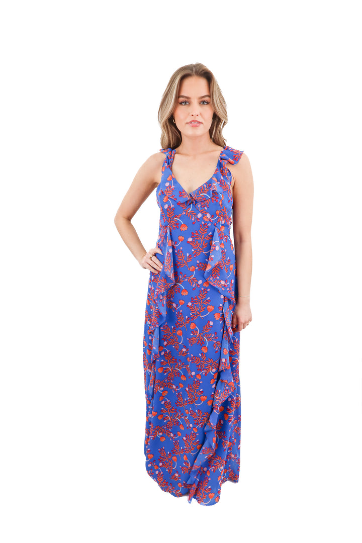 pink lily blue floral maxi dress (s)
