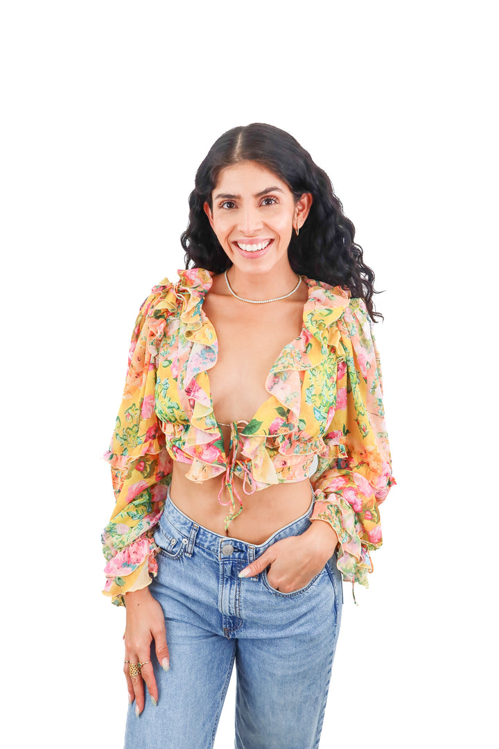 for love and lemons yellow floral tie front top (s; retail $136)