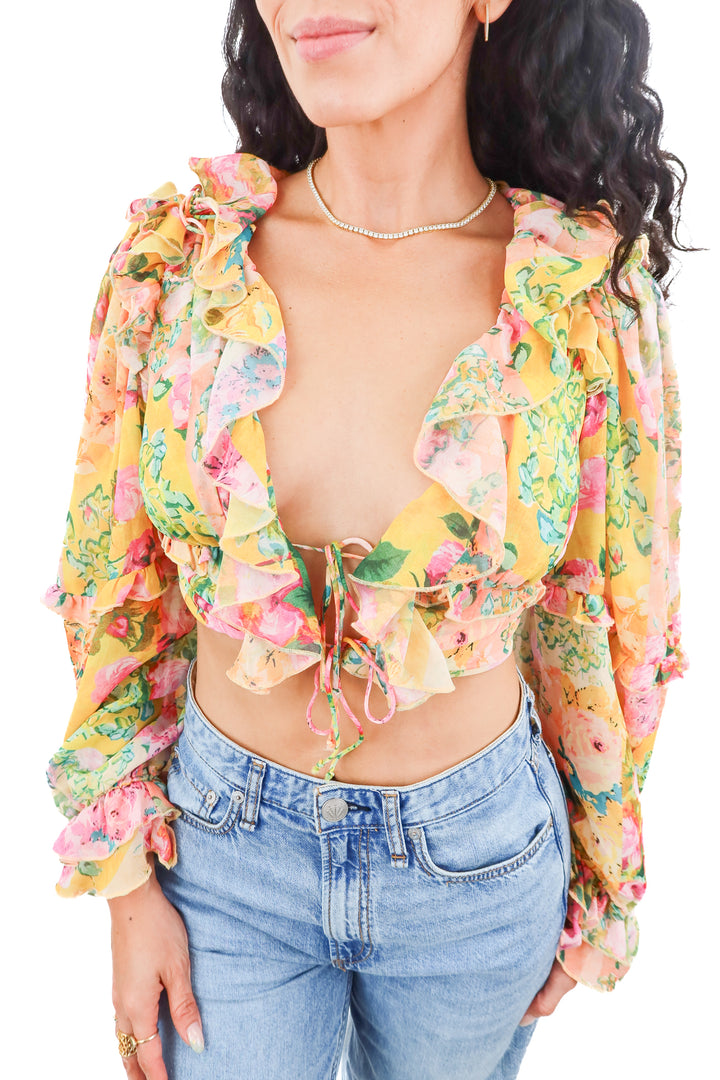 for love and lemons yellow floral tie front top (s; retail $136)