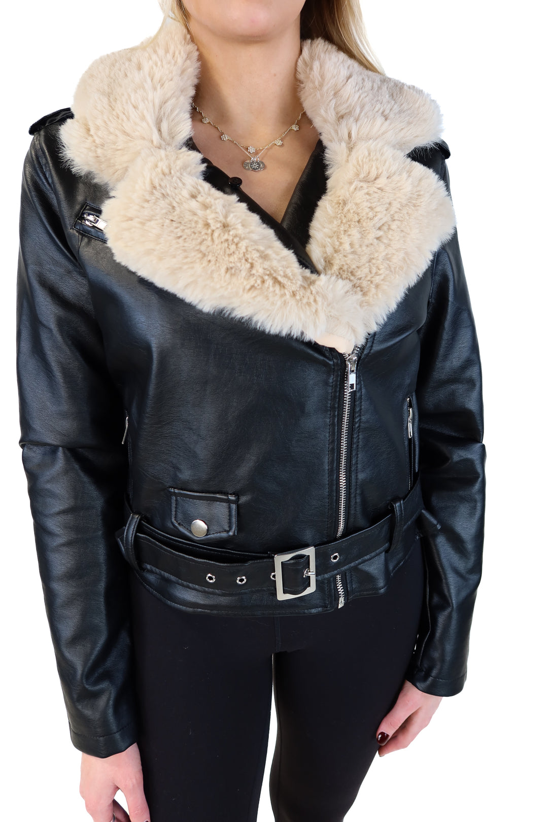 Windsor black faux feather jacket with fur trim NWT (s; retails for $56.90)