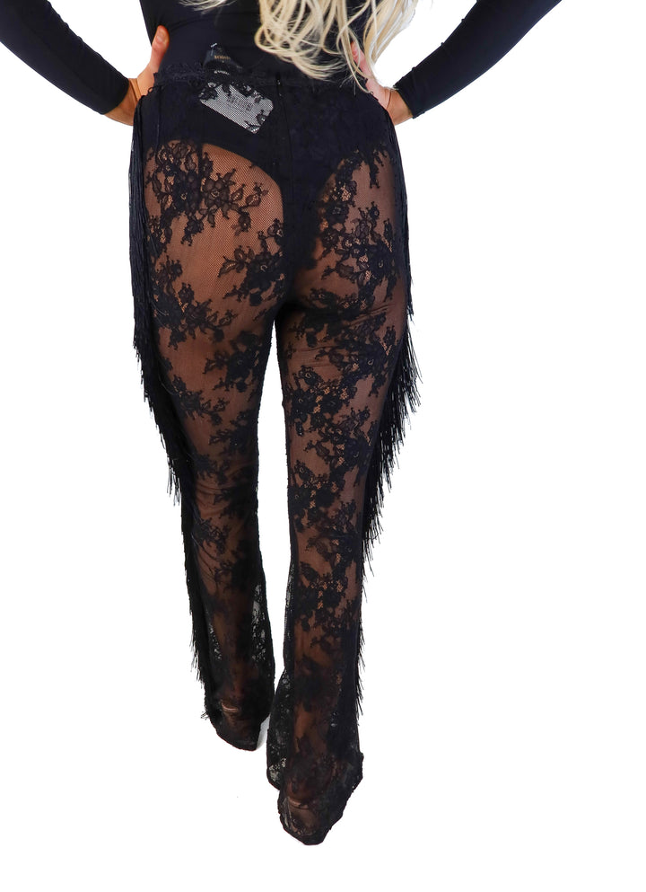 Michael Costello x revolve black lace fringe pants (s; retail $198)