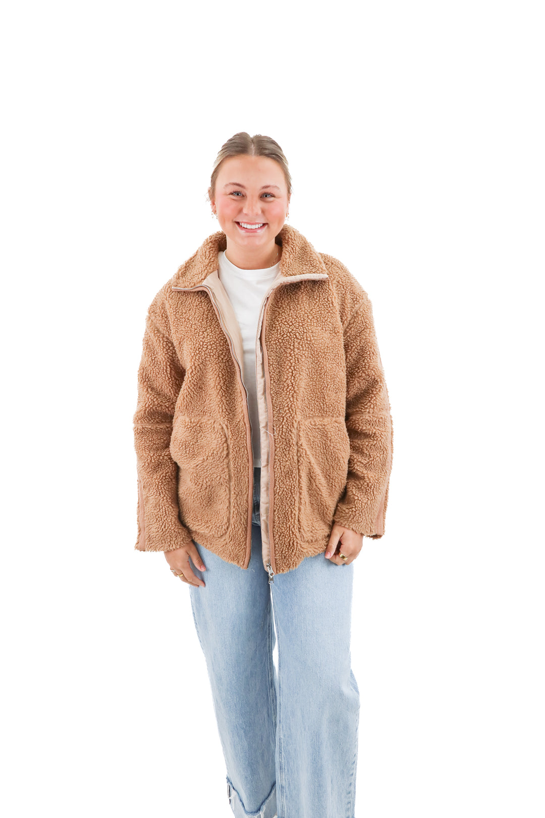 anrabess tan sherpa zip jacket nwt (l; retail $50)