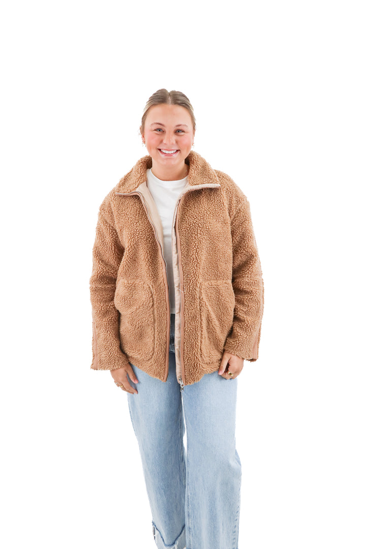 anrabess tan sherpa zip jacket nwt (l; retail $50)