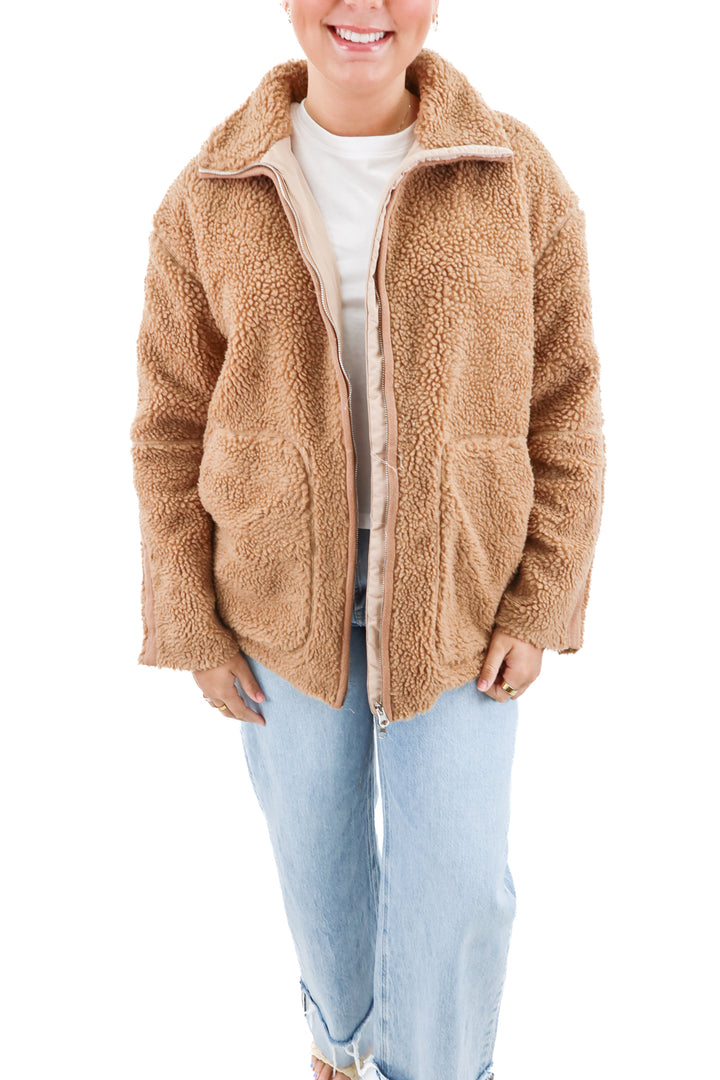 anrabess tan sherpa zip jacket nwt (l; retail $50)