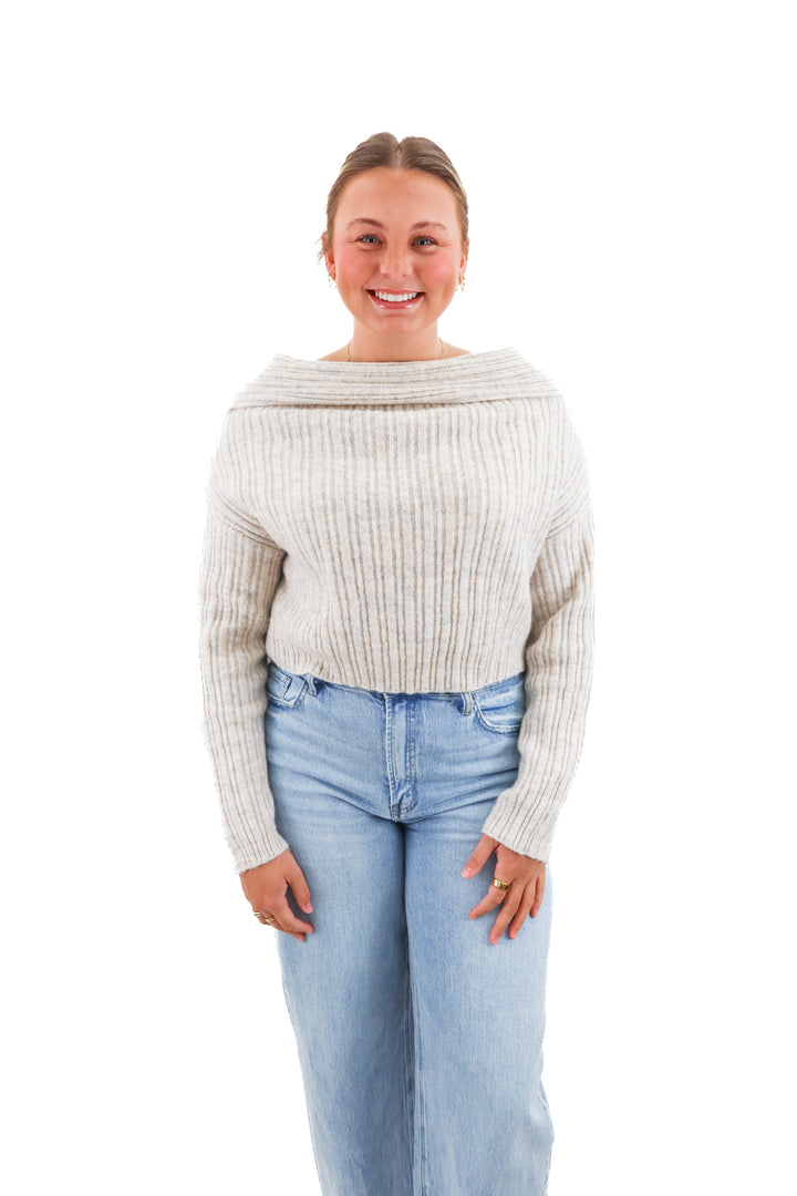 greige offshoulder knit sweater (s; retail $45)