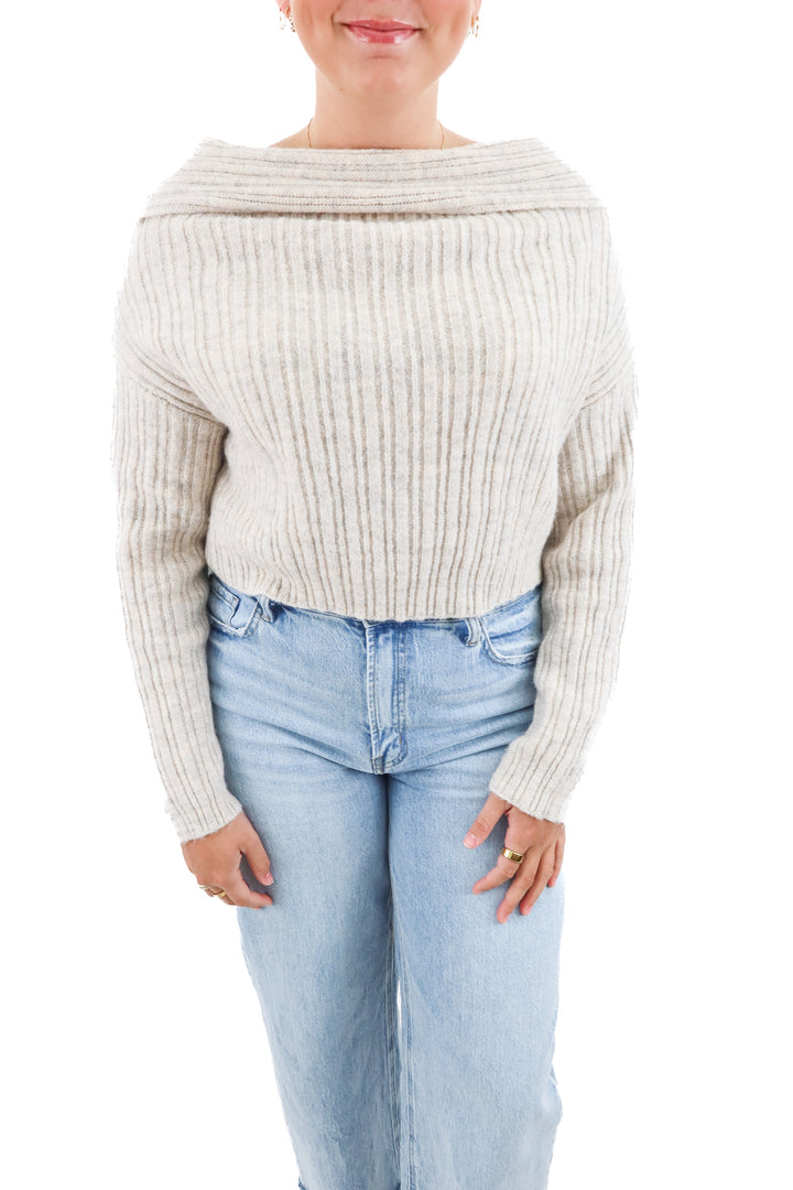 greige offshoulder knit sweater (s; retail $45)