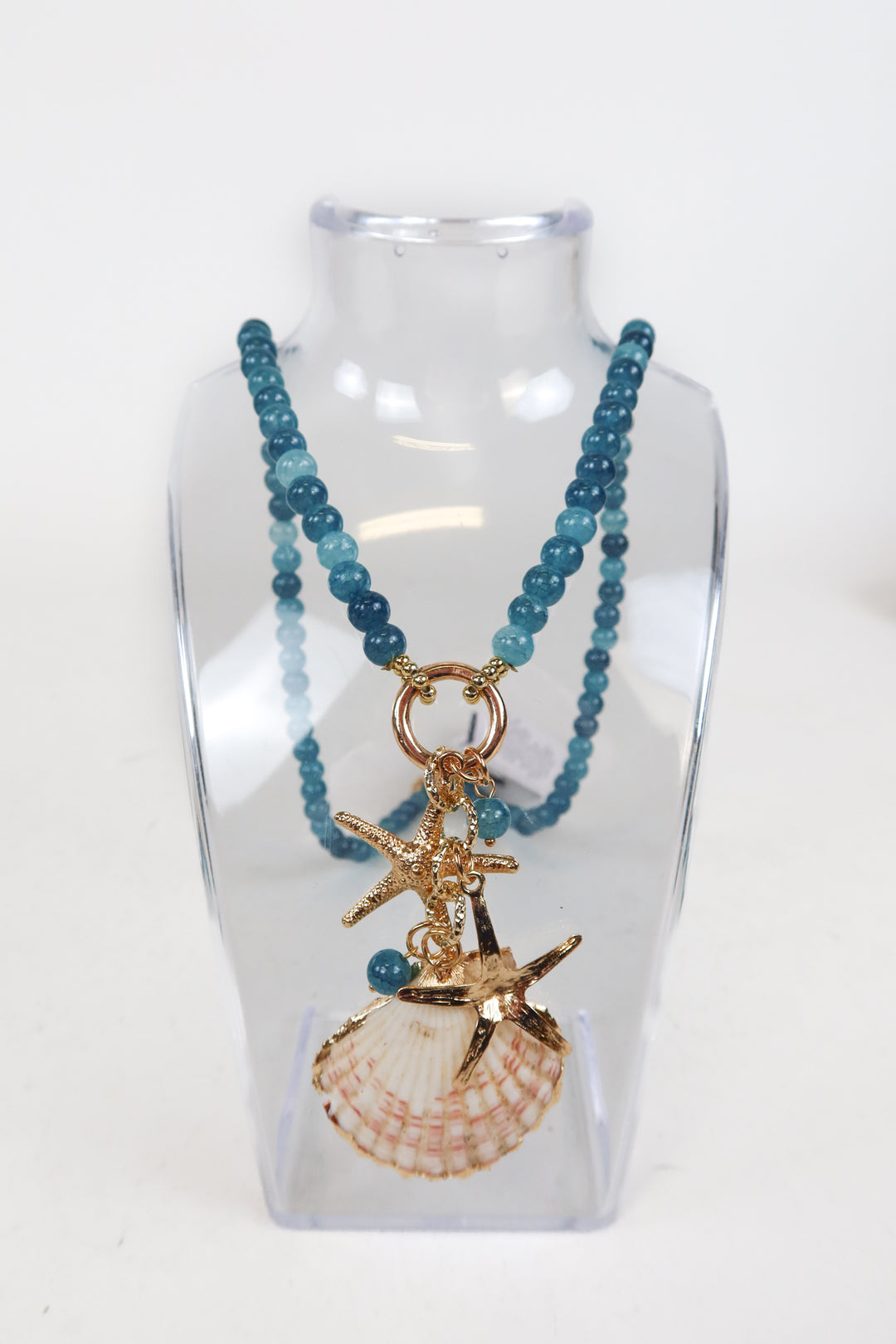 Blue Stone/Gold Long Seashell Charm Necklace NWT