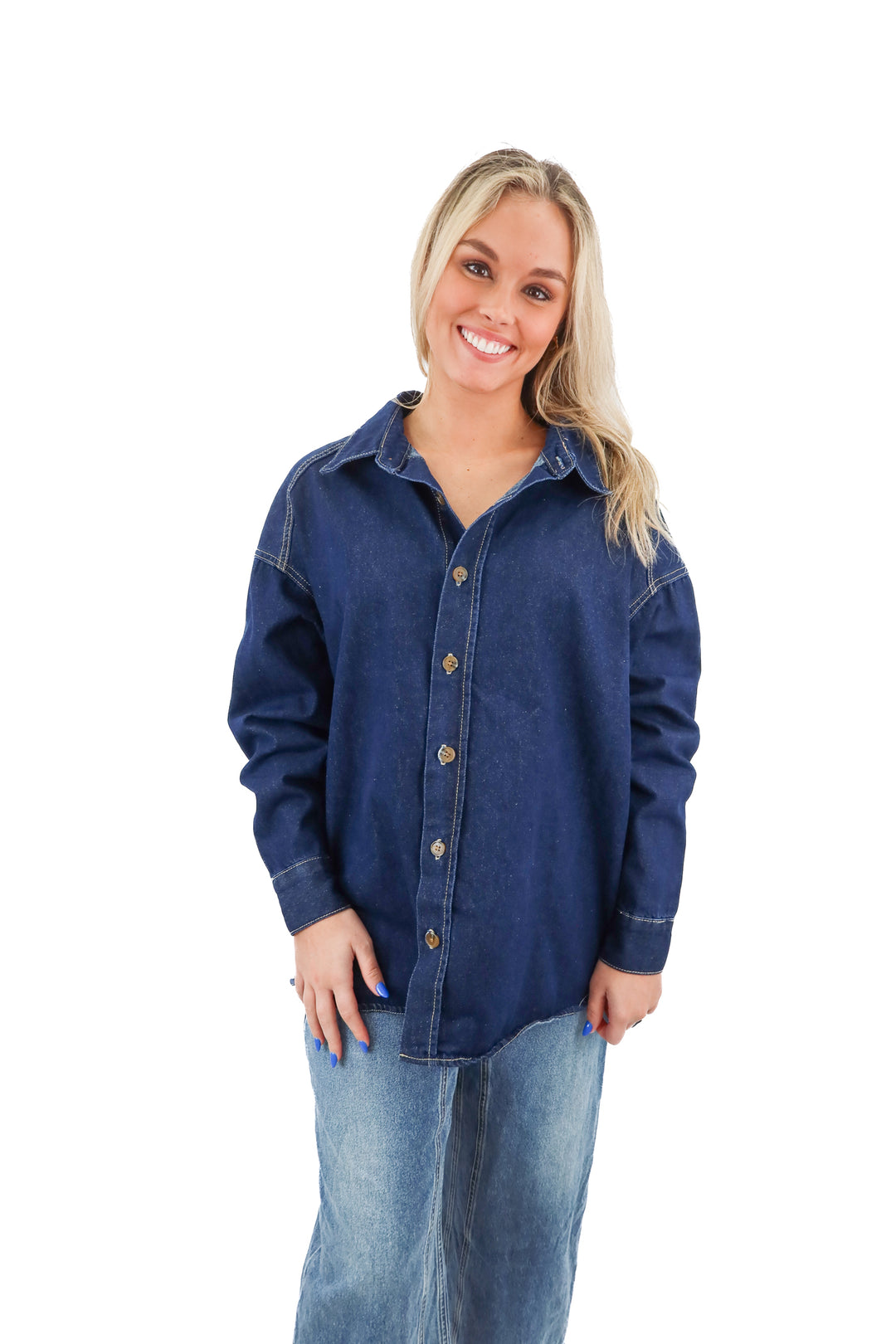 DISSH dark wash denim button down top (xs; retail $170)
