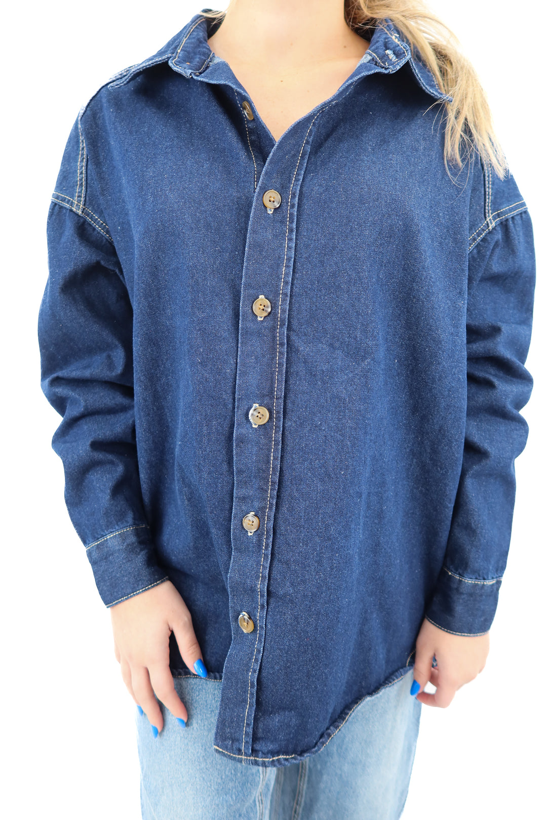 DISSH dark wash denim button down top (xs; retail $170)