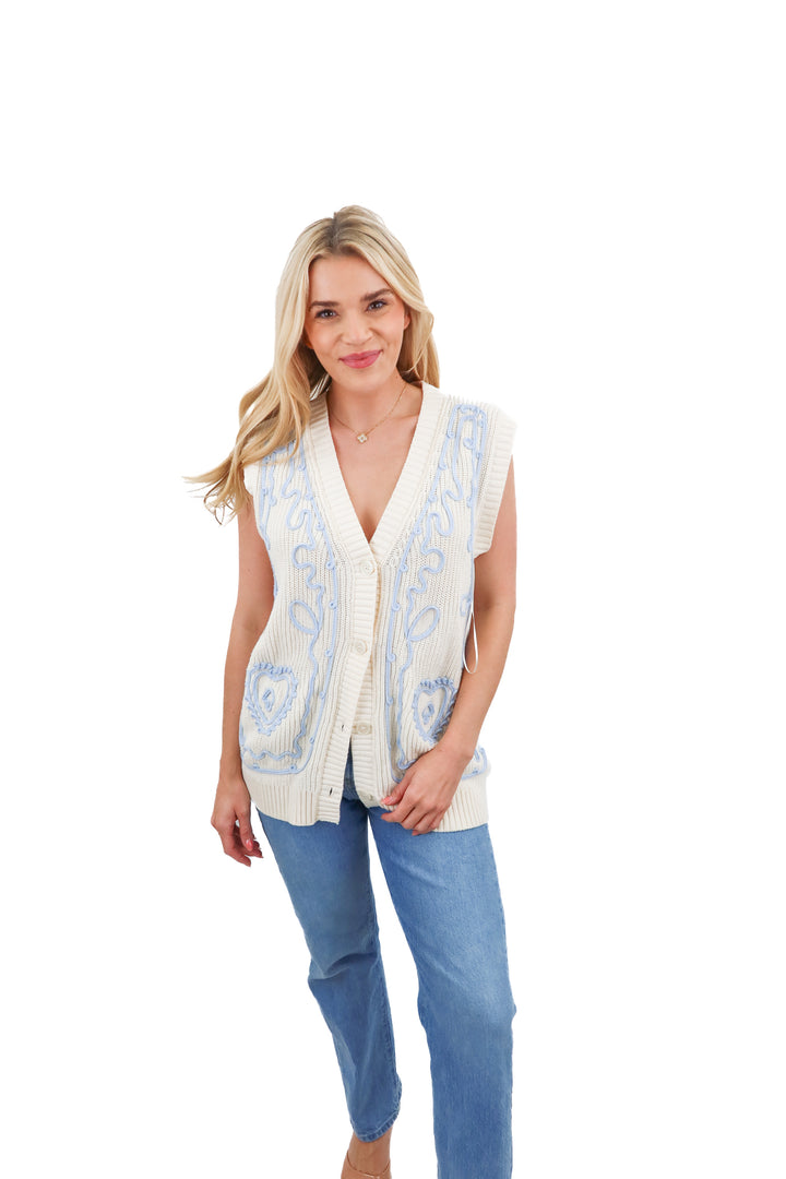 vestique white/blue abstract vest (s; retail $65)