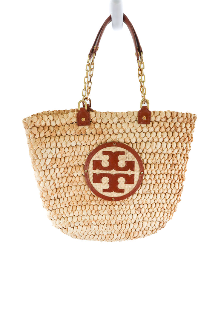 tory burch tan weave tote bag (retail $420)