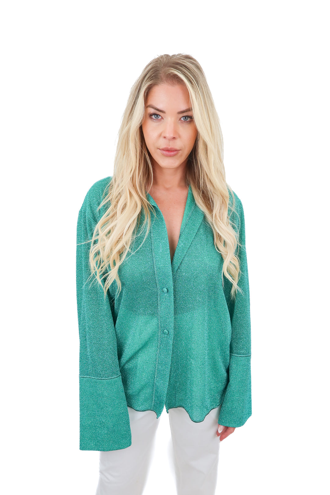 oseree teal sparkle button up top (s/m; retail $295)