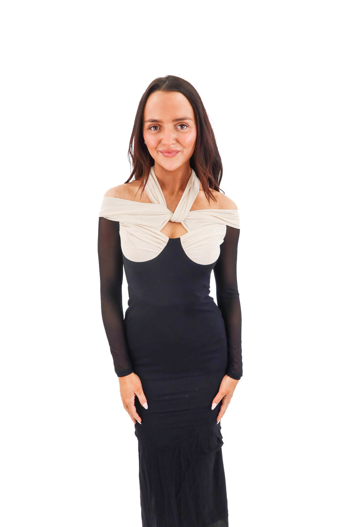 trendy and tipsy black/nude mesh dress nwt (xs; retail $148)