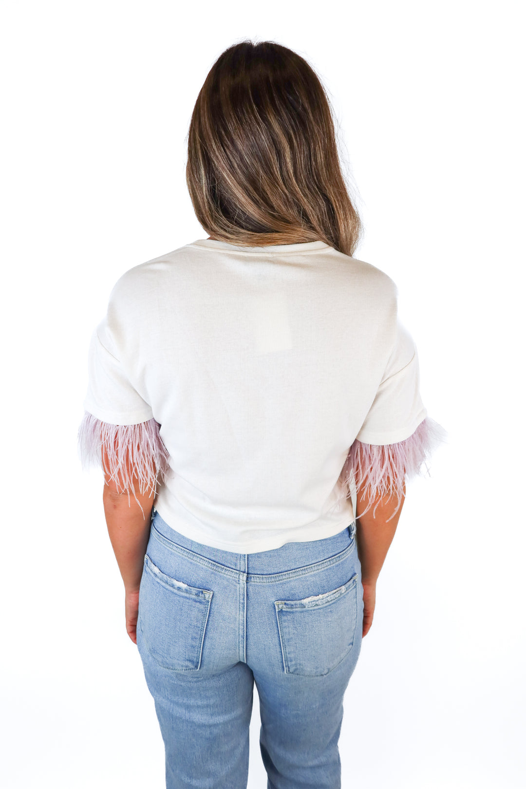 Lucy Paris Feather-Trimmed Short-Sleeve T-Shirt (XS/ EU 36)