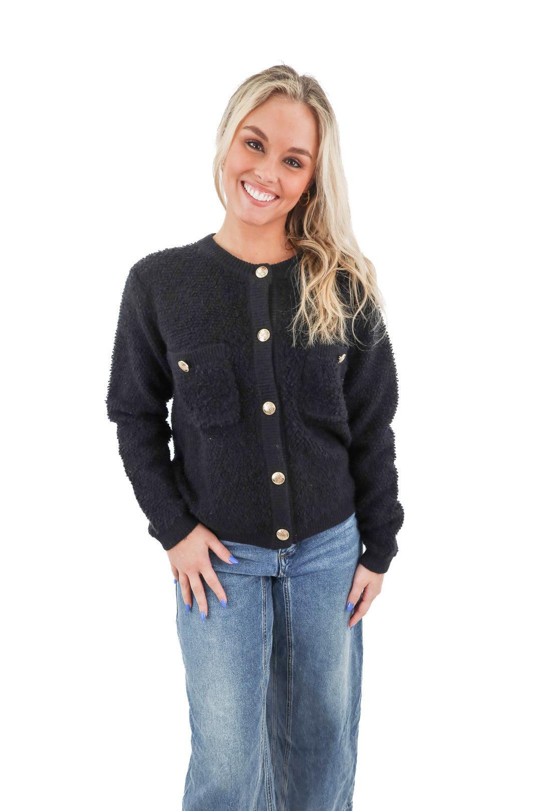 line and dot black cardigan with gold buttons (xs)