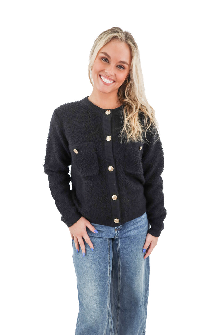 line and dot black cardigan with gold buttons (xs)