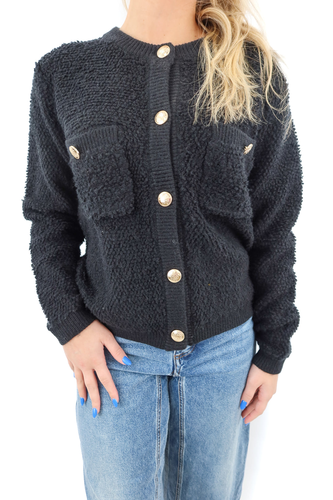 line and dot black cardigan with gold buttons (xs)