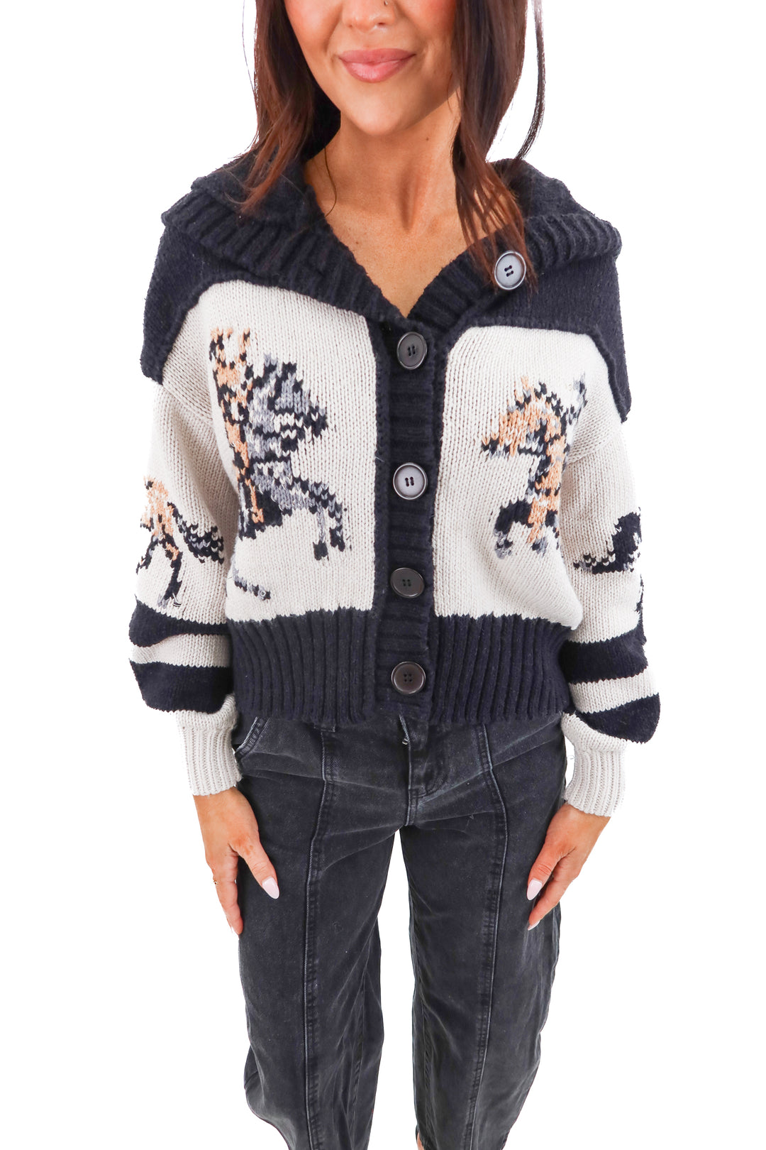 pilcro black knit horse cardigan (xs)