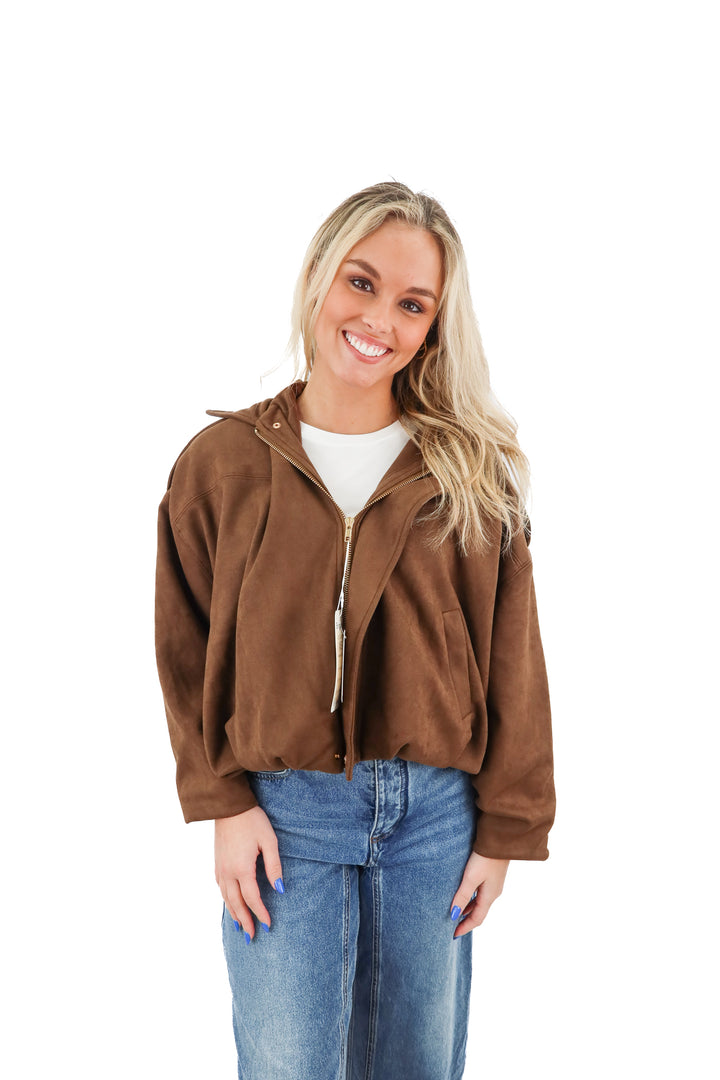 bnigung brown vegan suede bomber jacket NWT (s)
