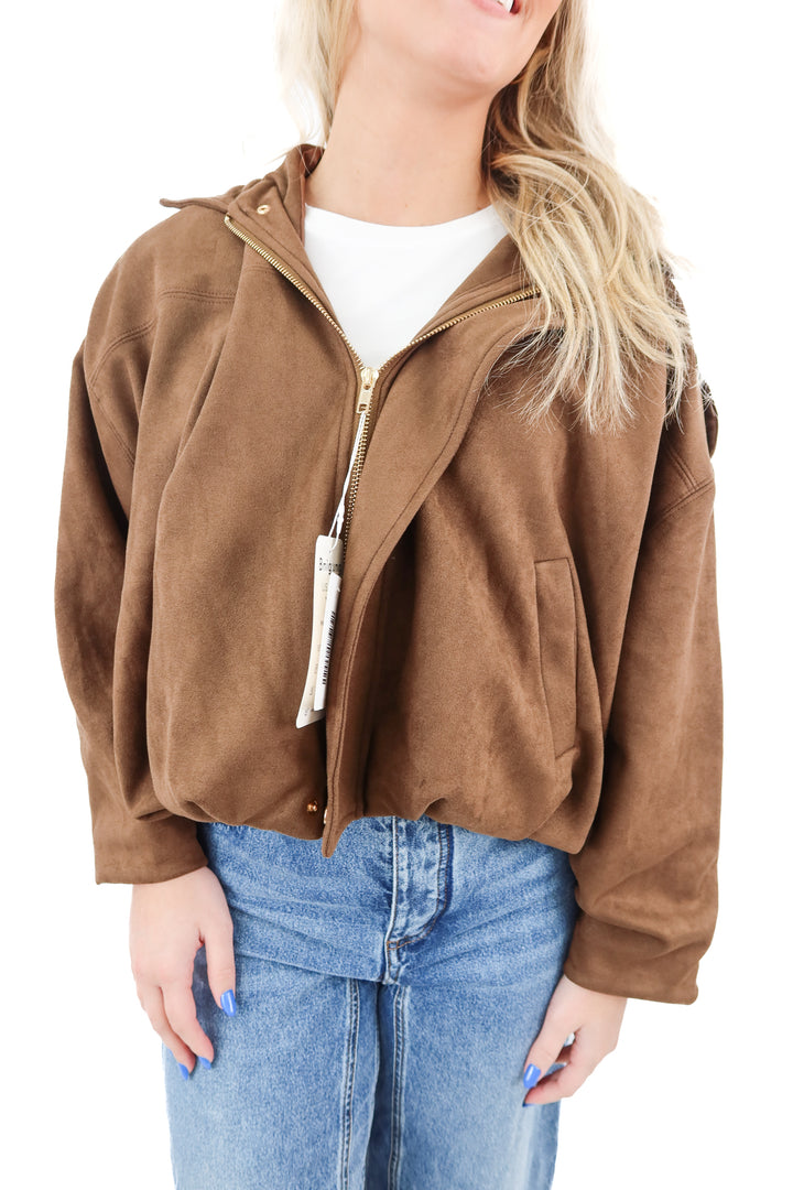 bnigung brown vegan suede bomber jacket NWT (s)