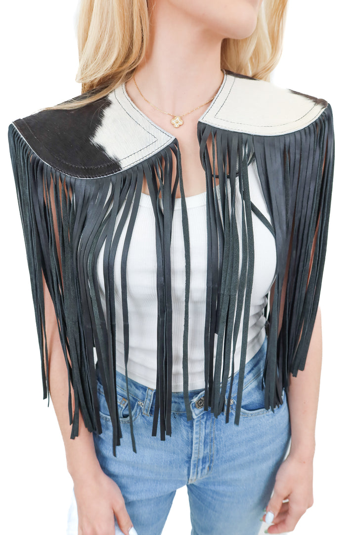 AUCTION (BID ONLY) glitzy bella cow hide fringe shawl (OS)- end 8/19 at 8 pm CT