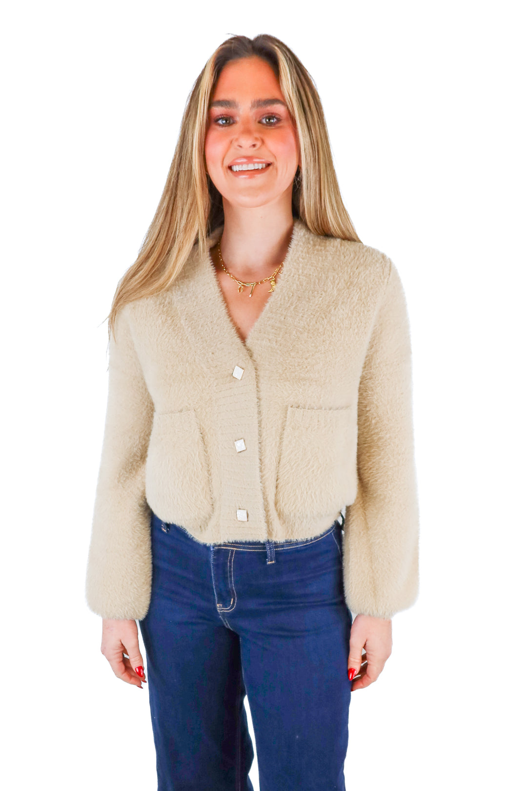 Vici beige fuzzy cardigan w/ pockets (S)
