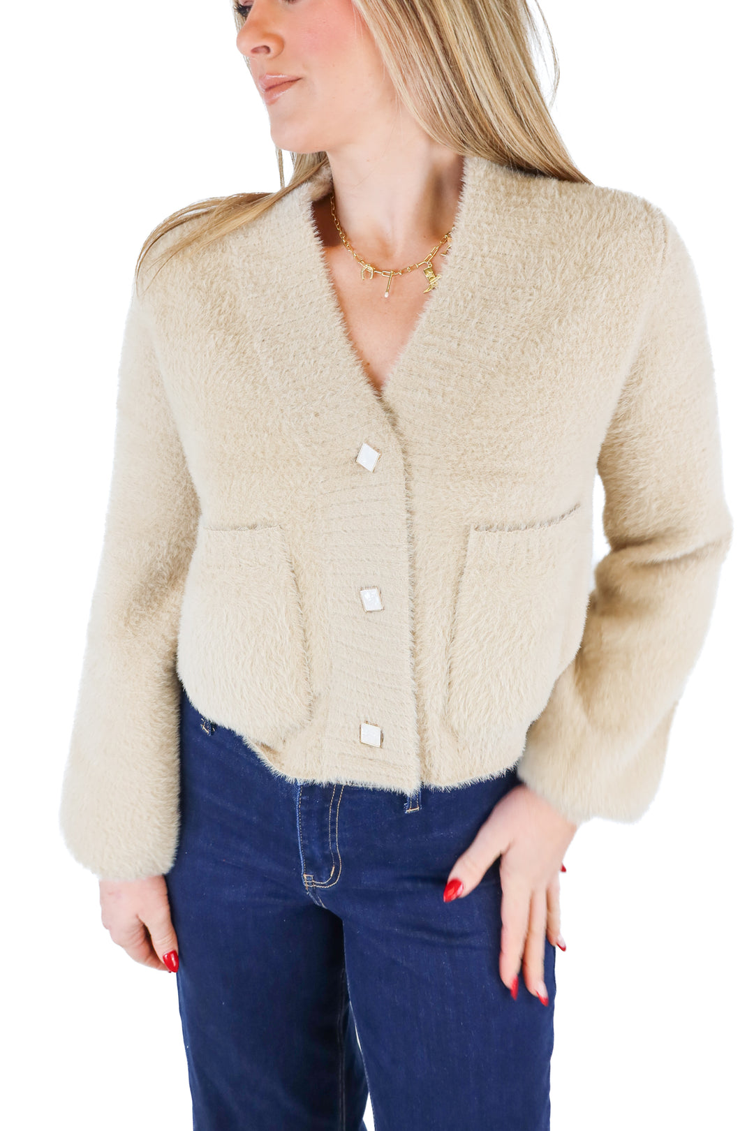 Vici beige fuzzy cardigan w/ pockets (S)
