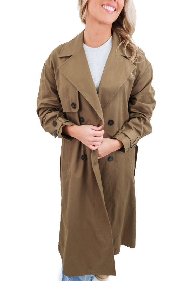 zara olive green trench coat (s; retail $119)