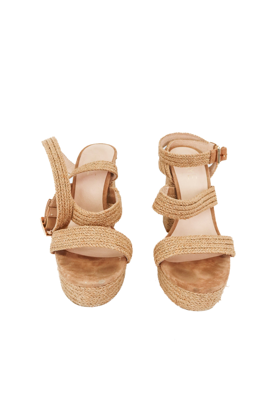 raye rattan strappy platform heels (6.5; retail $189)
